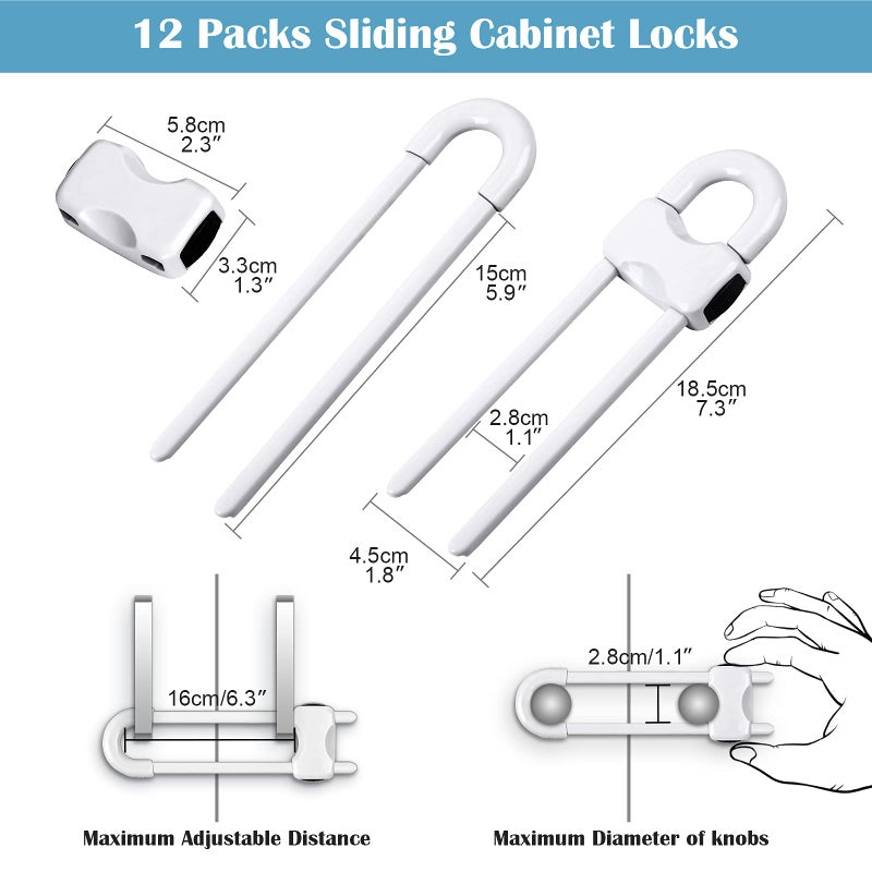 Modacraft 12 Packs Baby Proofing Sliding Cabinet Locks modacraft U-Shaped Child Safety Latches Adjustable White Locks for Handles Knobs Drawers Closet Cupboard - Image 3